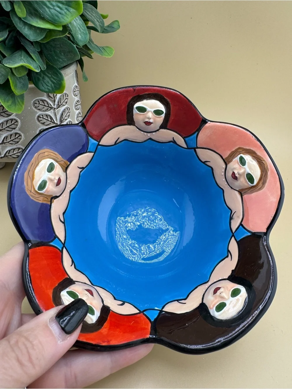 Hand-Painted Blue Ceramic Decorative Bowl with Figurative Border